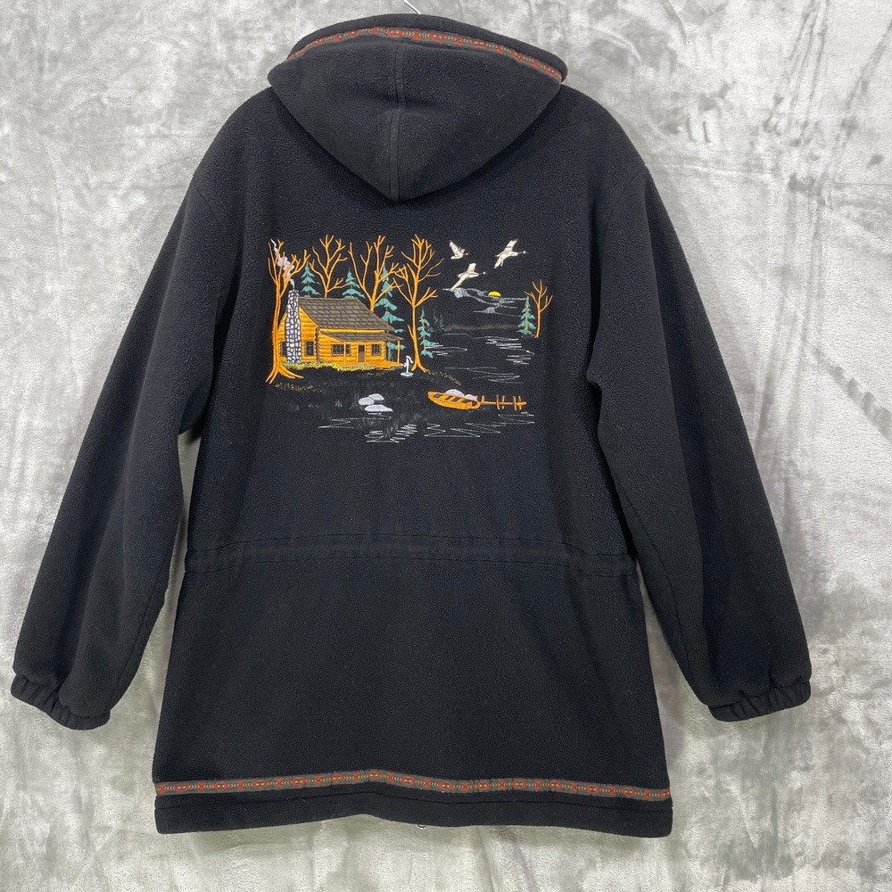 Vtg Cabela's Women's L Fleece Hooded Lined Jacket Embroidered Log Cabin Lake